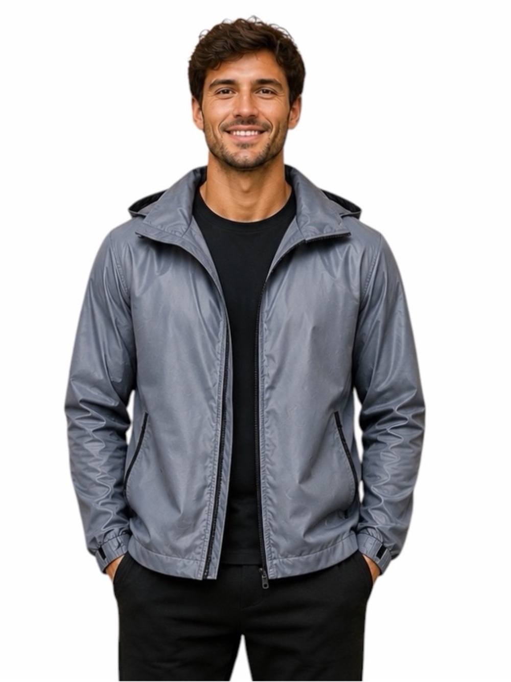 Men’s Team 365 Medium Gray & Black Hooded Full Zip Up Windbreaker Jacket